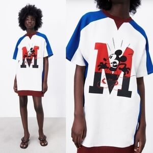 New Zara Disney Mickey Mouse Short Sleeve Shirt Sweater Mini Dress NWT Size M/L